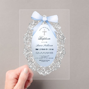 Silver Glitter Lijst Blue Bow doop Acryl Uitnodigingen