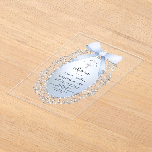 Silver Glitter Lijst Blue Bow doop Acryl Uitnodigingen (Laagn)