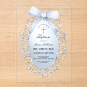 Silver Glitter Lijst Blue Bow doop Acryl Uitnodigingen (Voorkant)