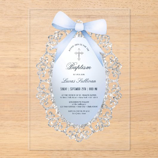 Silver Glitter Lijst Blue Bow doop Acryl Uitnodigingen (Voorkant)
