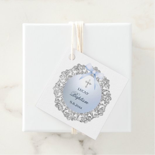 Silver Glitter Lijst Blue Bow doop Bedankjes Labels (In situ)