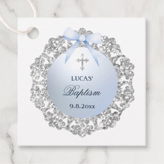 Silver Glitter Lijst Blue Bow doop Bedankjes Labels (Voorkant)