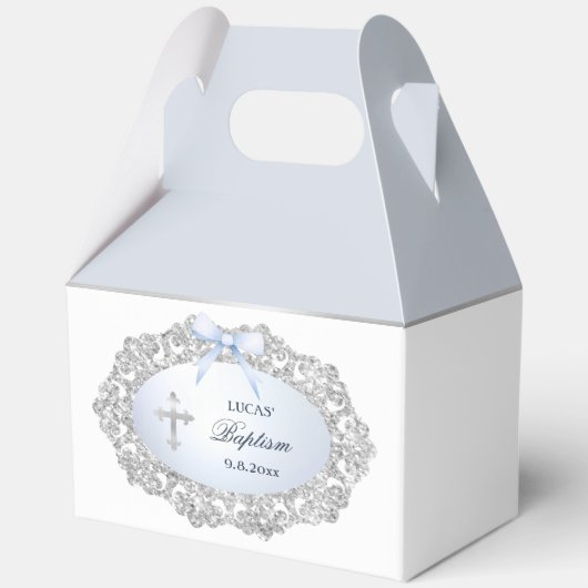 Silver Glitter Lijst Blue Bow doop Big Gable Bedankdoosjes (Voorkant)