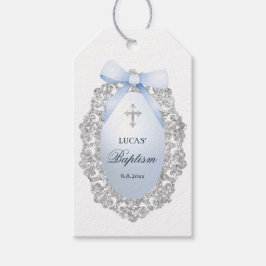 Silver Glitter Lijst Blue Bow doop Cadeaulabel