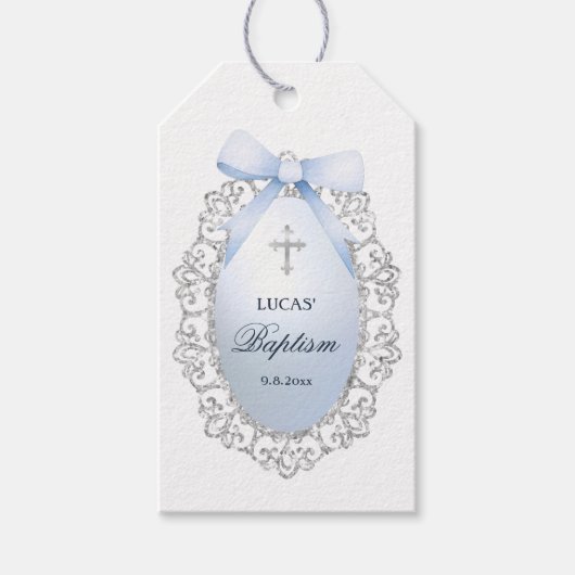 Silver Glitter Lijst Blue Bow doop Cadeaulabel (Voorkant)
