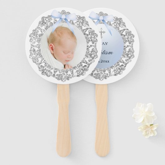 Silver Glitter Lijst Blue Bow doop Handwaaier (Voorkant en achterkant)