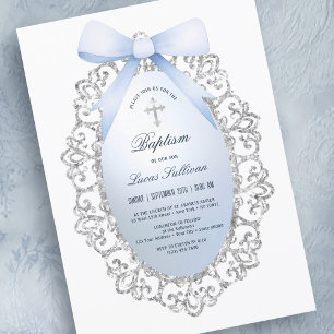 Silver Glitter Lijst Blue Bow doop Kaart