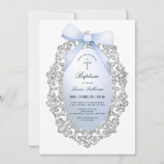 Silver Glitter Lijst Blue Bow doop Kaart (Voorkant)