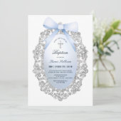 Silver Glitter Lijst Blue Bow doop Kaart (Staand voorkant)