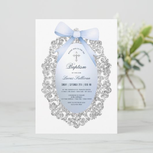 Silver Glitter Lijst Blue Bow doop Kaart (Staand voorkant)