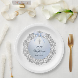 Silver Glitter Lijst Blue Bow doop Papieren Bordje