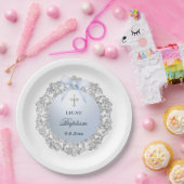 Silver Glitter Lijst Blue Bow doop Papieren Bordje (Feest)