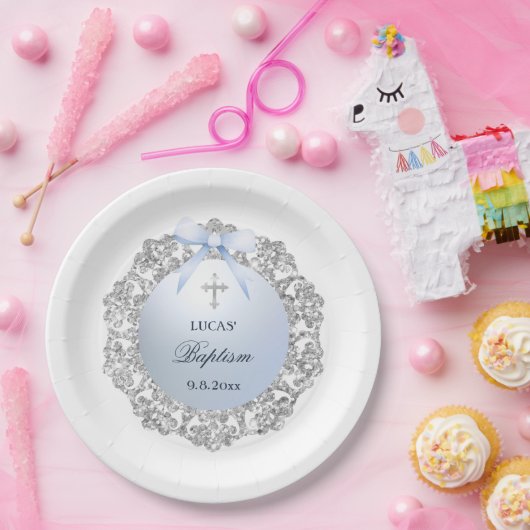 Silver Glitter Lijst Blue Bow doop Papieren Bordje (Feest)