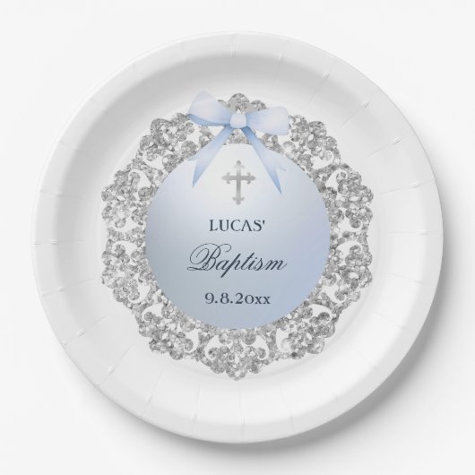 Silver Glitter Lijst Blue Bow doop Papieren Bordje (Voorkant)