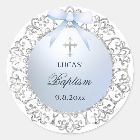 Silver Glitter Lijst Blue Bow doop Ronde Sticker (Voorkant)