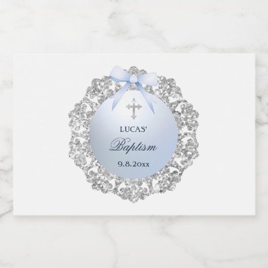 Silver Glitter Lijst Blue Bow doop Sparkling Wijnetiket (Enkel label)
