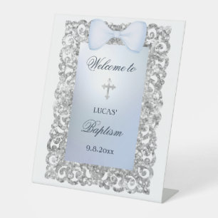 Silver Glitter Lijst Blue Bow doop welkom Reclamebord Met Voetstuk
