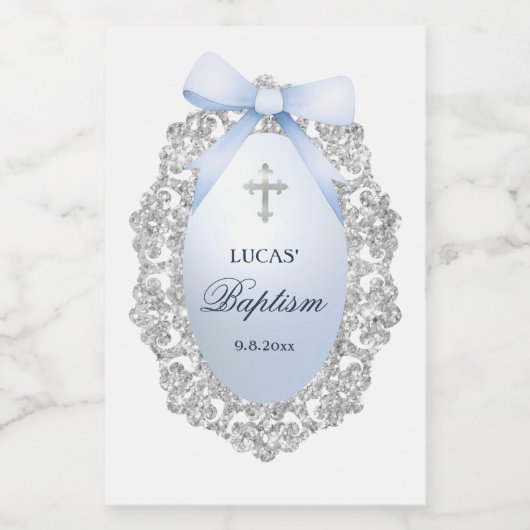 Silver Glitter Lijst Blue Bow doop Wijn Etiket (Enkel label)