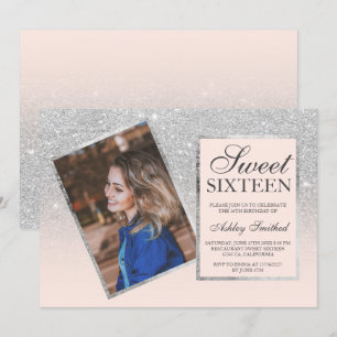 Silver glitter lijst blush ombre foto Sweet 16 Kaart