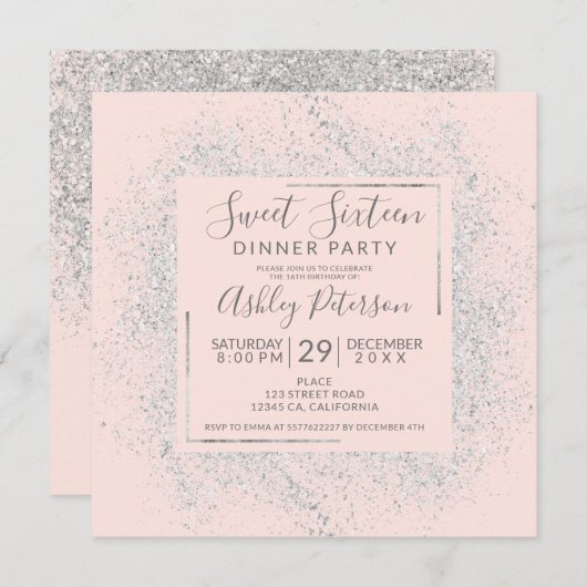 Silver glitter lijst chic blush roze zoet 16 kaart (Voorkant / Achterkant)