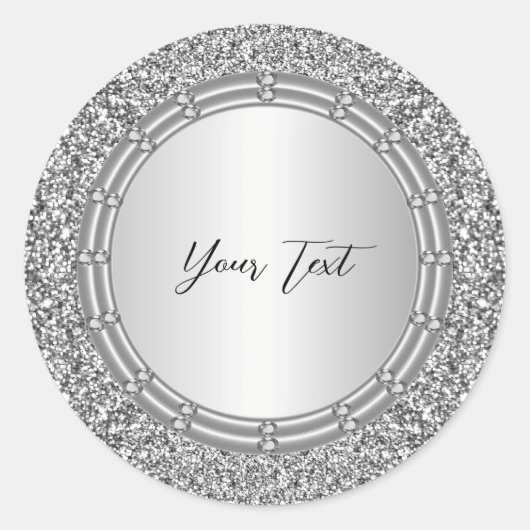 Silver Glitter Lijst Classic Ronde Sticker (Voorkant)