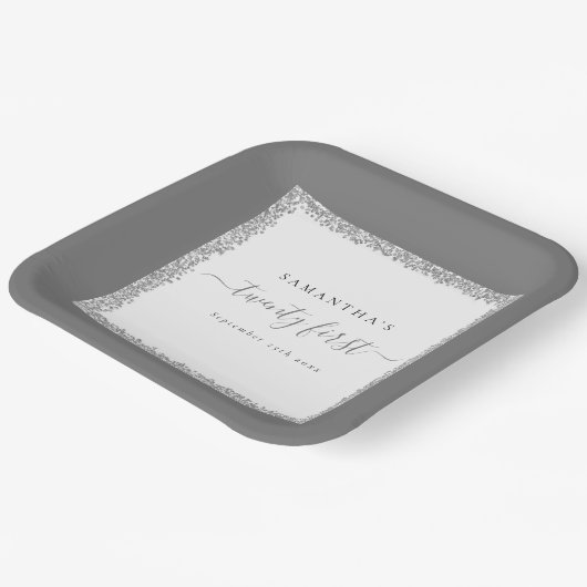 Silver Glitter Lijst Name Date 21st Birthday Papieren Bordje (Gebogen)