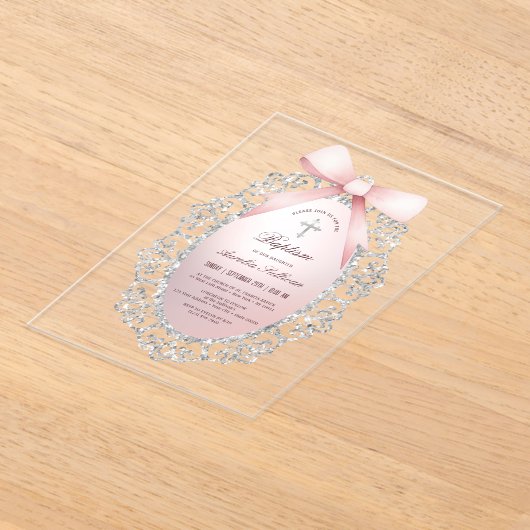 Silver Glitter Lijst Pink Bow doop Acryl Uitnodigingen (Laagn)