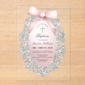 Silver Glitter Lijst Pink Bow doop Acryl Uitnodigingen (Voorkant)