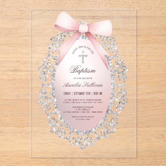 Silver Glitter Lijst Pink Bow doop Acryl Uitnodigingen (Voorkant)