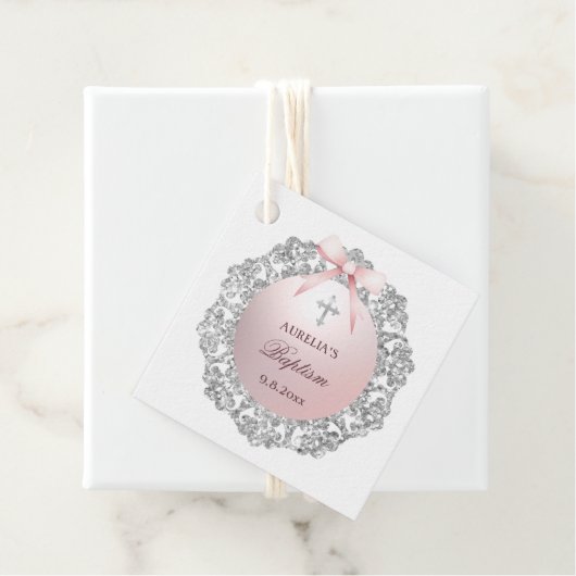 Silver Glitter Lijst Pink Bow doop Bedankjes Labels (In situ)