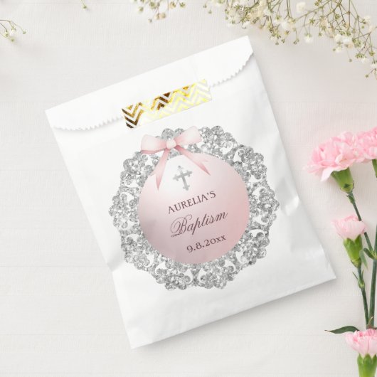 Silver Glitter Lijst Pink Bow doop Bedankzakje (Gezegeld)