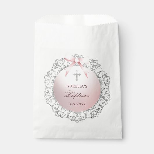 Silver Glitter Lijst Pink Bow doop Bedankzakje (Voorkant)