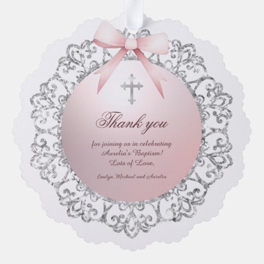 Silver Glitter Lijst Pink Bow doop Dank u Ornament Kaart (Achterkant)