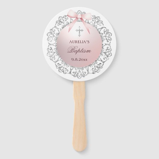 Silver Glitter Lijst Pink Bow doop Handwaaier (Achterkant)