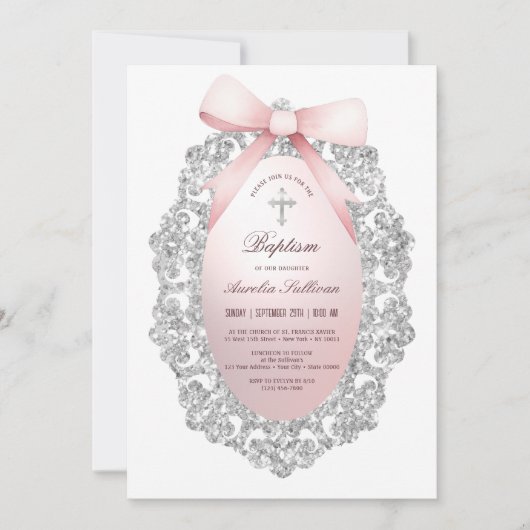 Silver Glitter Lijst Pink Bow doop Kaart (Voorkant)