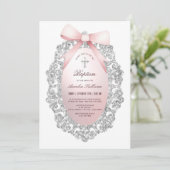 Silver Glitter Lijst Pink Bow doop Kaart (Staand voorkant)