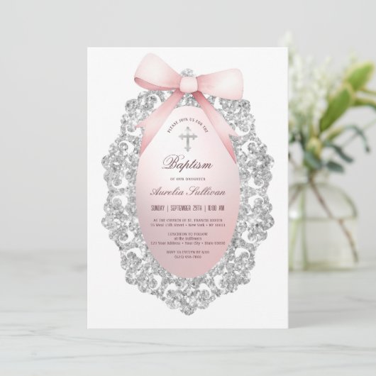 Silver Glitter Lijst Pink Bow doop Kaart (Staand voorkant)