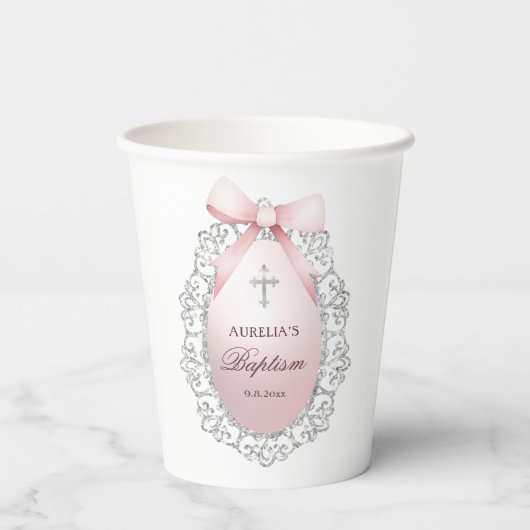 Silver Glitter Lijst Pink Bow doop Papieren Bekers (Achterkant)