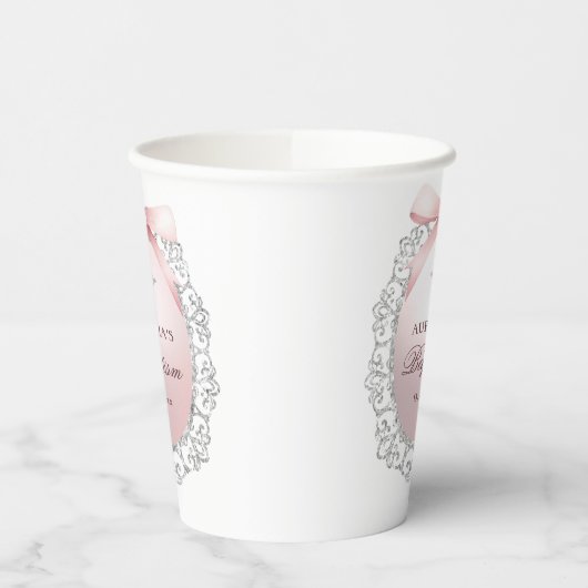 Silver Glitter Lijst Pink Bow doop Papieren Bekers (Links)