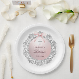 Silver Glitter Lijst Pink Bow doop Papieren Bordje