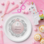 Silver Glitter Lijst Pink Bow doop Papieren Bordje (Feest)