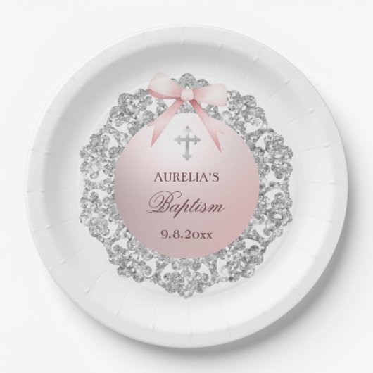 Silver Glitter Lijst Pink Bow doop Papieren Bordje (Voorkant)