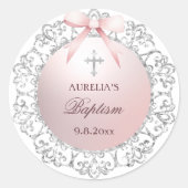 Silver Glitter Lijst Pink Bow doop Ronde Sticker (Voorkant)