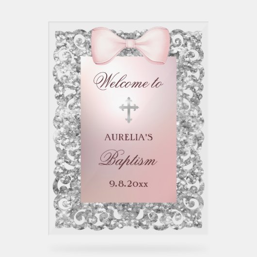 Silver Glitter Lijst Pink Bow doop welkom Acryl Bord (Voorkant)