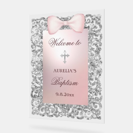 Silver Glitter Lijst Pink Bow doop welkom Acryl Bord (Hoek)