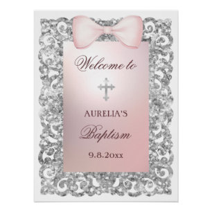 Silver Glitter Lijst Pink Bow doop welkom Perfect Poster