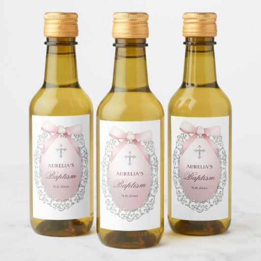 Silver Glitter Lijst Pink Bow doop Wijn Etiket (Flessen)