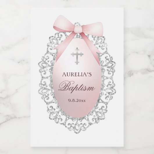 Silver Glitter Lijst Pink Bow doop Wijn Etiket (Enkel label)