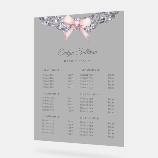 Silver Glitter Lijst Pink Bow prijslijst Acryl Bord (Hoek)