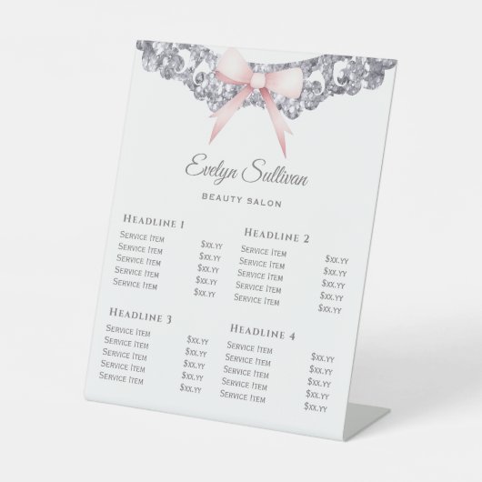 Silver Glitter Lijst Pink Bow prijslijst Reclamebord Met Voetstuk (Voorkant)